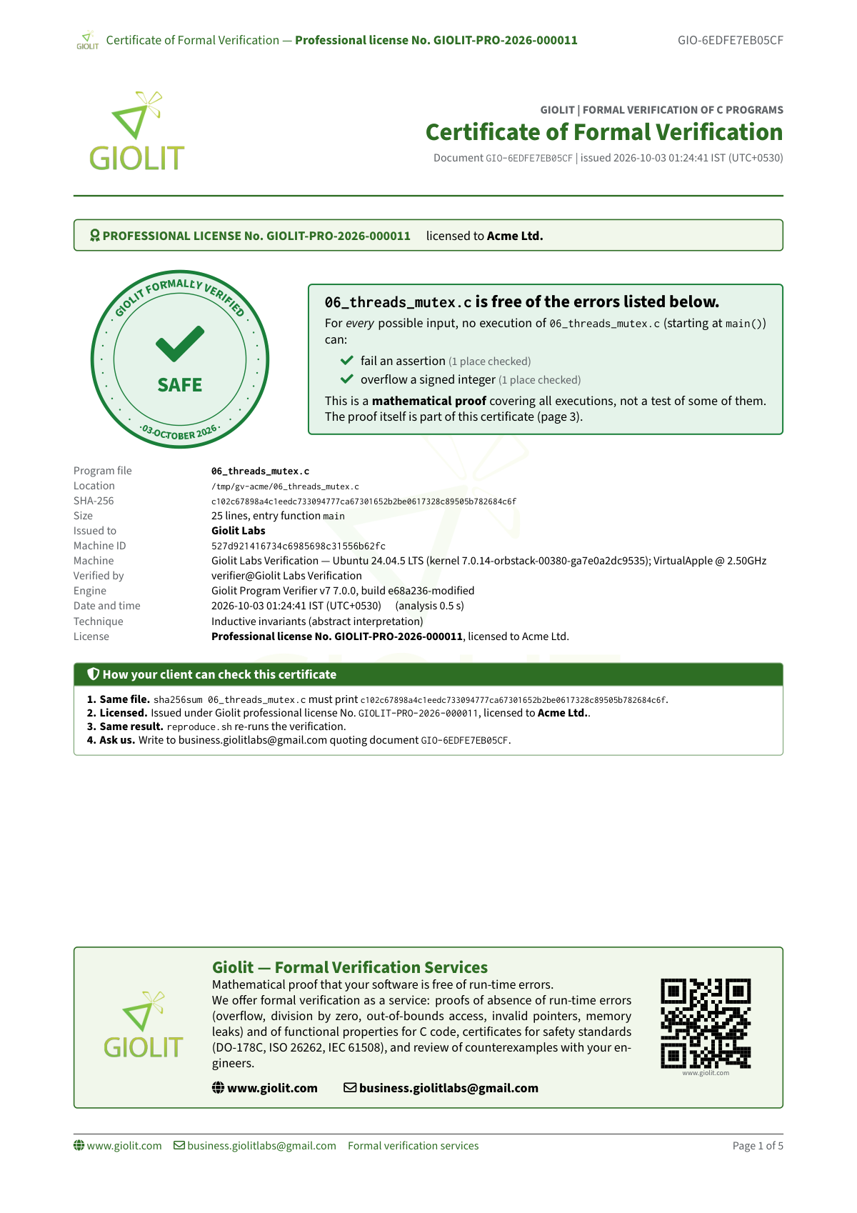 Verification certificate screenshot — concurrent mutex proof, 06_threads_mutex.c, 2 checks PROVEN in 0.5 seconds