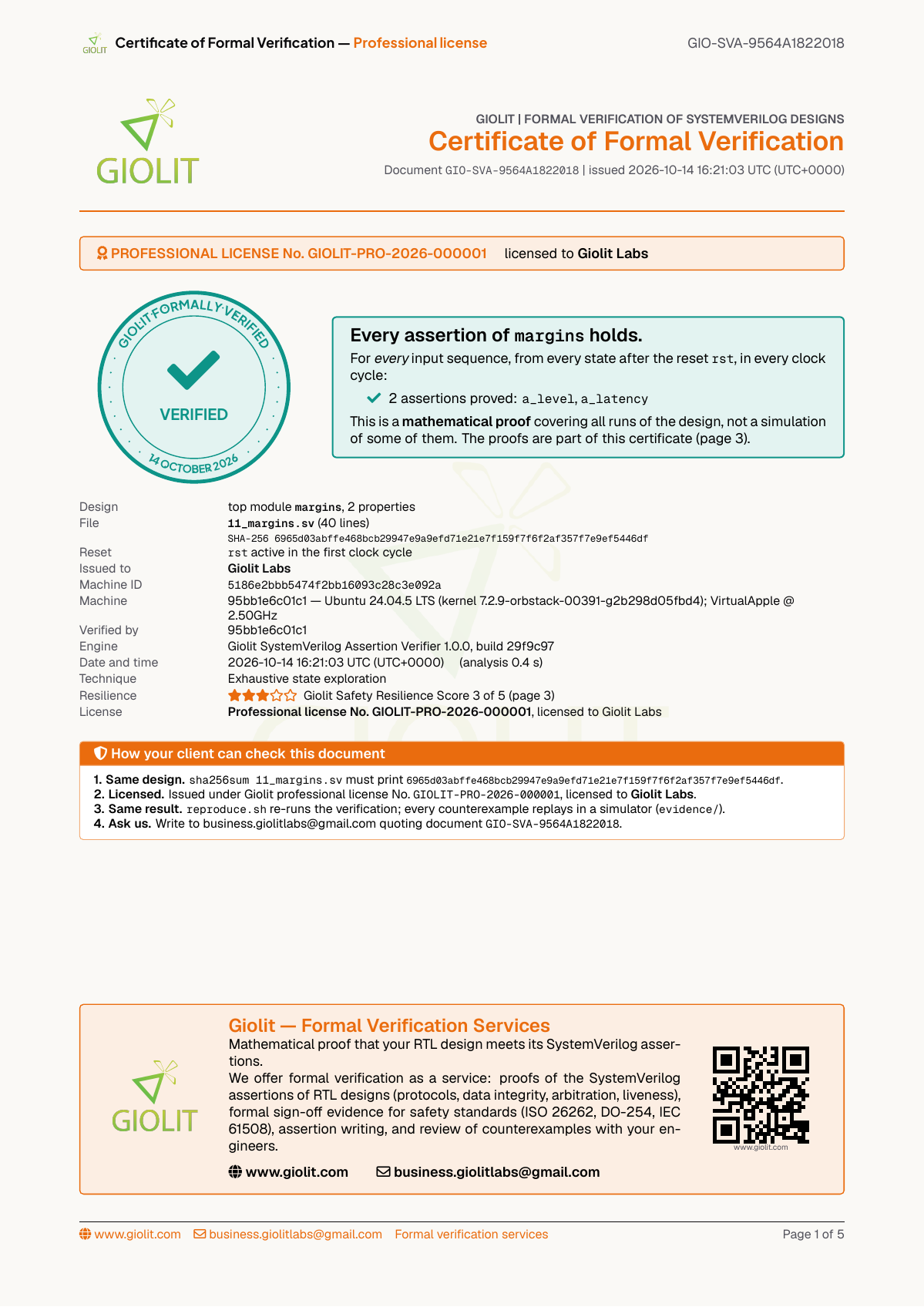 SVA proof certificate — margins block, 2 assertions PROVED with safety margins and Resilience Score