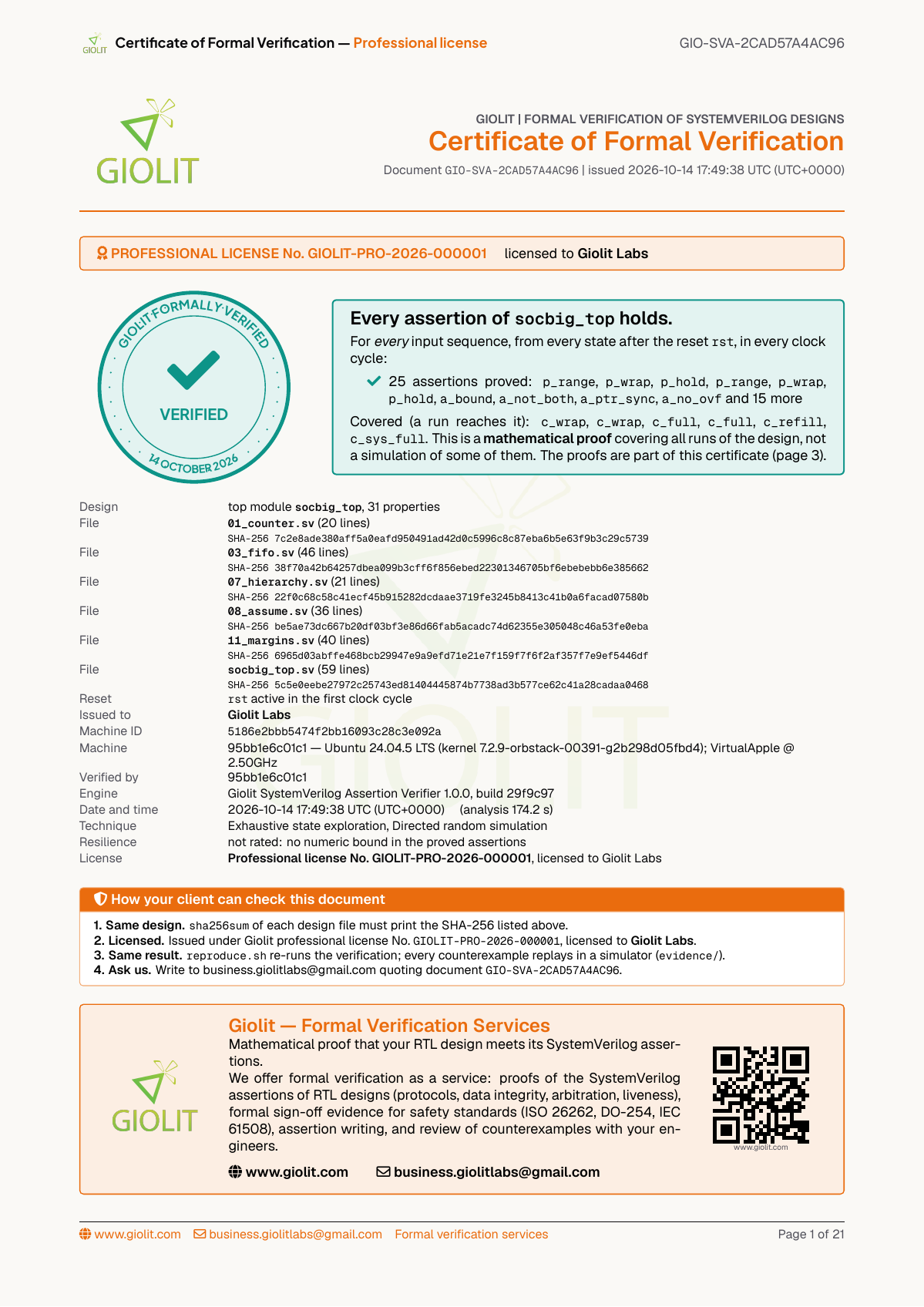 SVA project certificate — 6-file SoC integration, 25 assertions proved and 6 covered